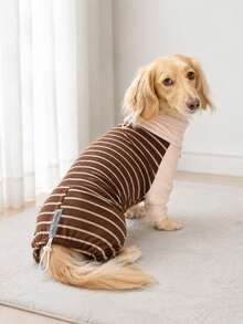 1pc Classic Striped Dachshund Pajamas, Adjustable Neck And Back Drawstring, Soft High Elasticity Warm Dachshund , Anti-Shedding Sleepwear, Suitable For Dackel Teckel Dogs And Wiener Dogs - Khaki - View 3