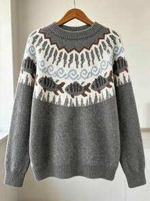 New Women's Mori Style Fun Fish Pattern & Fair Isle Pattern Mixed Yarn Loose Sweater, Suitable For College Style, Autumn/Winter, Commute, Mori Style, Graduation Party, Daily Wear And More - Grey - View 3