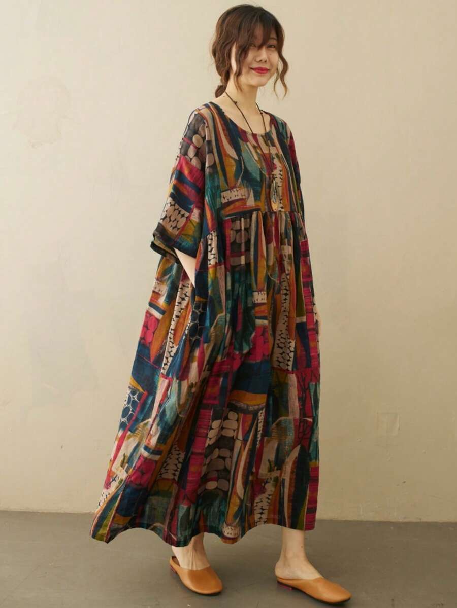 AZAH 2026女款大尺碼優雅洋裝上衣,休閒洋裝,夏季圓領寬鬆印花洋裝,休閒度假波希米亞沙灘洋裝 - 咖啡棕 - 查看 1