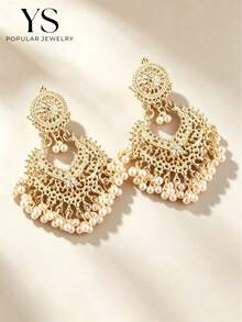 1pc Bohemian Style Heart-Shaped Bell Drop Earrings, Faux Pearl Dangle Jewelry For Women, Elegant Exaggerated Style - Gold - View 4