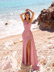 ADYCE Elegant One-Shoulder Ruched Waist Split Thigh Long Dress With Draped Front And Backless Design Perfect For Dance Parties Elegant Formal Evening Prom - Watermelon Pink - View 5