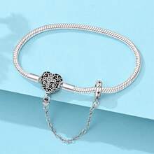 S925 Sterling Silver Snake Bone Bracelet, Heart Cross And Fatima Hand Clasp, Paired With Star Safety Chain, Vintage Hollow Inlaid Stone Design, Customizable DIY Beaded, Secure Clasp, Women's Luxury Accessory, Comes With Exquisite Gift Box. - Silver - View 3
