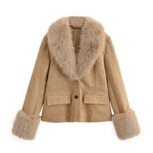 ZAHM Faux Suede Winter Coat For Women, Faux Fur Collar Cuffs Lapel Short Warm Jacket With Pockets - Camel - View 8