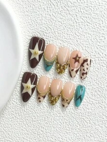 10片裝美拉德辣妹風手工穿戴甲，Polygel美甲套組，鏈條裝飾，棕色指甲油，復古配件風，附美甲工具，3種尺寸可選，杏仁甲、鴨嘴甲、棺材甲，適用派對、跳舞、日常穿戴 - 彩色 - 查看 19