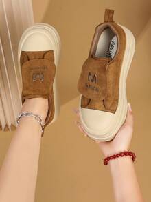 Solid Color Thick Sole Slip-On Shoes, Fashionable Suede Design, Comfortable Casual Daily Wear - Camel - View 3