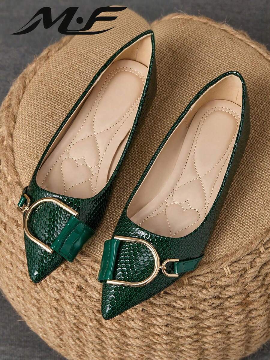 1 Pair Women's Flat Pointed Toe Office Shoes, Versatile Driving Loafers, Low Vamp Soft Sole Fairy Style Flat Heel Commuter Shoes - Green - View 1