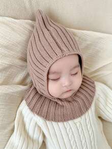 1pc Baby Solid Color Plain Soft Knitted Warm Balaclava Hat, Minimalist Pointed Hood With Neck Protection, Suitable For Autumn/Winter Daily Wear - Multicolor - View 4