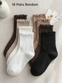 6/12/18 Pairs Girls Ruffle Socks Solid Color Ribbed Soft Elastic Cuff Kids Socks Back To School Daily Wear Fall Socks Halloween Christmas Gift - Multicolor - View 16