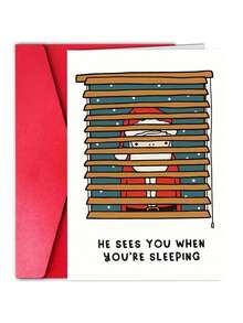 1Pc Christmas Card Featuring A Peeking Santa Claus, With The Cartoon Illustration "He Saw You Sleeping," Perfect For Friends, Family, And Colleagues-Unique Holiday Humor For Everyone. - View 2