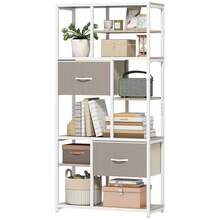 Scaffale contenitore a 6 ripiani, libreria con 2 cassetti in tessuto, 9 ripiani a giorno, 72,5 x 30 x 150 cm, bianco - A - Visualizzare 2