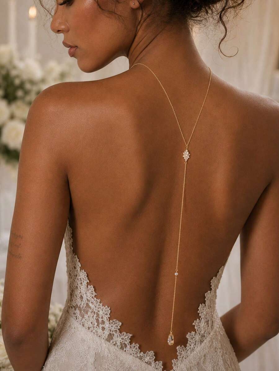 Luxury Floral Zirconia Bridal Back Chain Long Full Rhinestone Body Chain Wedding Jewelry For Women Summer - Gold - View 1
