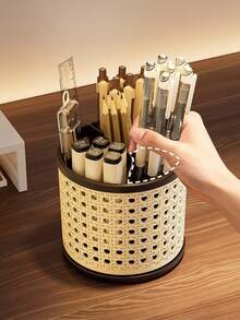 2pcs/1pc Retro Rattan‑Look Rotating Pen Holder, Multi‑Slot Makeup Brush Storage Organizer, Large‑Capacity Desktop Container, Vanity Cosmetic Brush Holder, Hollow Stylish Desk Organizer For Office & Student Stationery - Multicolor - View 4