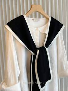 Women's Contrast Trim Knit Shawl, College Style Sailor Collar Front Tie Decor Cape, Casual Versatile Outerwear, Suitable For Daily Shirt Dress Layering - Black - View 4