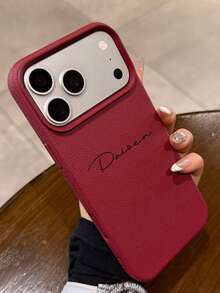個性化客製化 DIY 姓名愛心圖案 奢華荔枝紋人造皮革手機殼，適用於 iPhone 17 16 15 14 13 Pro Max Plus，防震保護後蓋防撞殼，情侶禮物 - 紅色 - 查看 4