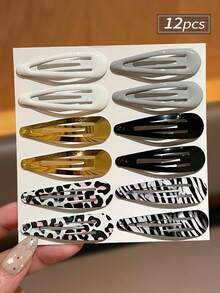 12pcs 1.97inch/5cm Women's All-Match Water Drop BB Hair Clips, Multicolor Options, Black White Gray Solid Color, Minimalist Personalized Leopard Zebra Print Versatile Side Clips, Suitable For Daily Wear - Multicolor - View 3