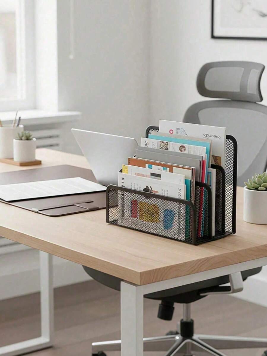 1pc Multifunctional Metal Mesh Desktop Organizer With Bookshelf, Space-Saving Freestanding Storage Rack, Stationery Storage, File Storage, Suitable For Home Office, Teachers And Artists, Ideal Home And Office Decor - Multicolor - View 1