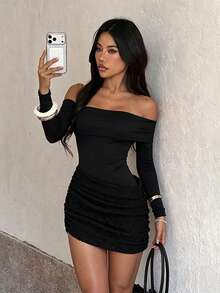 Autumn Solid Color Shiny Textured Off-Shoulder Long Sleeve Mini Dress Casual Party Basic Short Dress - Black - View 3