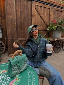 Women's Fashion Plaid Short Flight Jacket, Long Sleeve, Front Button Detail, Non-Stretch Fabric, Suitable For Winter - Green - View 7