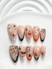 10pcs Halloween Theme Vintage Gothic Style Handmade Press-On Nails, Polygel Nail Art Set, Little Ghost Spider Web Pattern, White And Orange Nail Polish, Exquisite Style, Includes Nail Tools, 3 Sizes Available: Square, Short Square, Almond, Suitable For Parties, Balls, Daily Wear - Multicolor - View 13