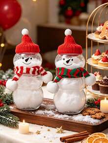 1 Set Transparent Snowman Shaped Plastic Storage Canister With Hat And Red & White/Red & Green Striped Scarf, Suitable As Christmas Party Favor, Christmas Table Decor, Christmas Dessert Table Decoration Or Afternoon Tea Party Gift - Multicolor - View 1