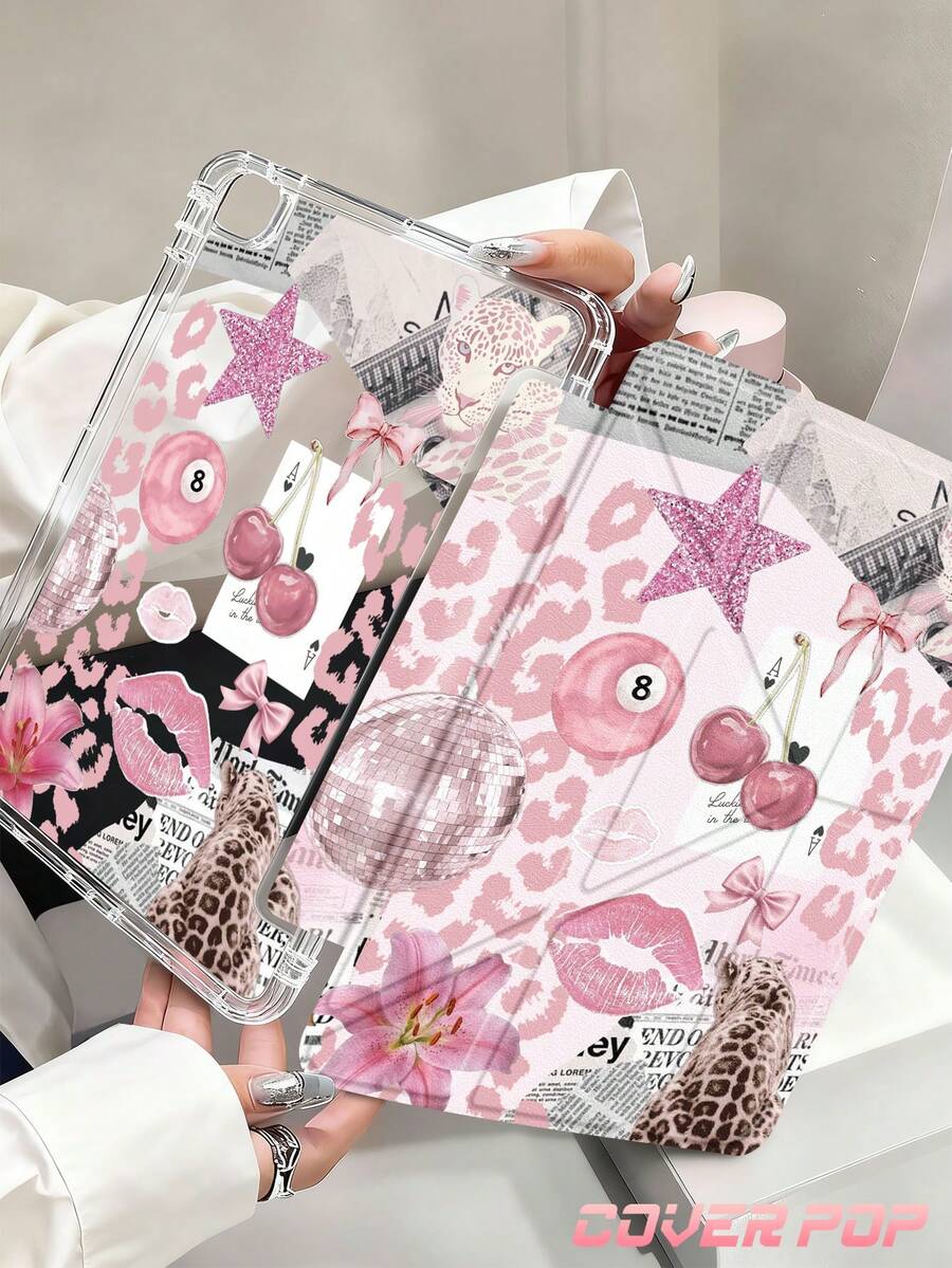 Pink Lip Print And Leopard Print Pattern Tablet Case Compatible With IPad Air 11-Inch M3 2025 / M2 2024, Air 5th Generation 2022 , (A16) 11 Inch 11th Generation 2025,Compatible With Samsung Galaxy Tab,Kindle Paperwhite 12th Gen 2024, Clear Back ,Fashion Pattern Protective Case,Automatic Sleep And Wake-Up Function, Airbag Protection, Suitable For Gifts And Office Use