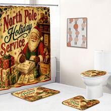 1pc/4pcs Christmas Santa Claus Multi-Functional Bathroom Decor Shower Curtain Set, Free 12 Hooks, Premium Holiday Atmosphere, Bathroom Mat, U-Shaped Rug And Round Toilet Lid Cover, Suitable For All Christmas Occasions - Santa Claus 2 - View 7