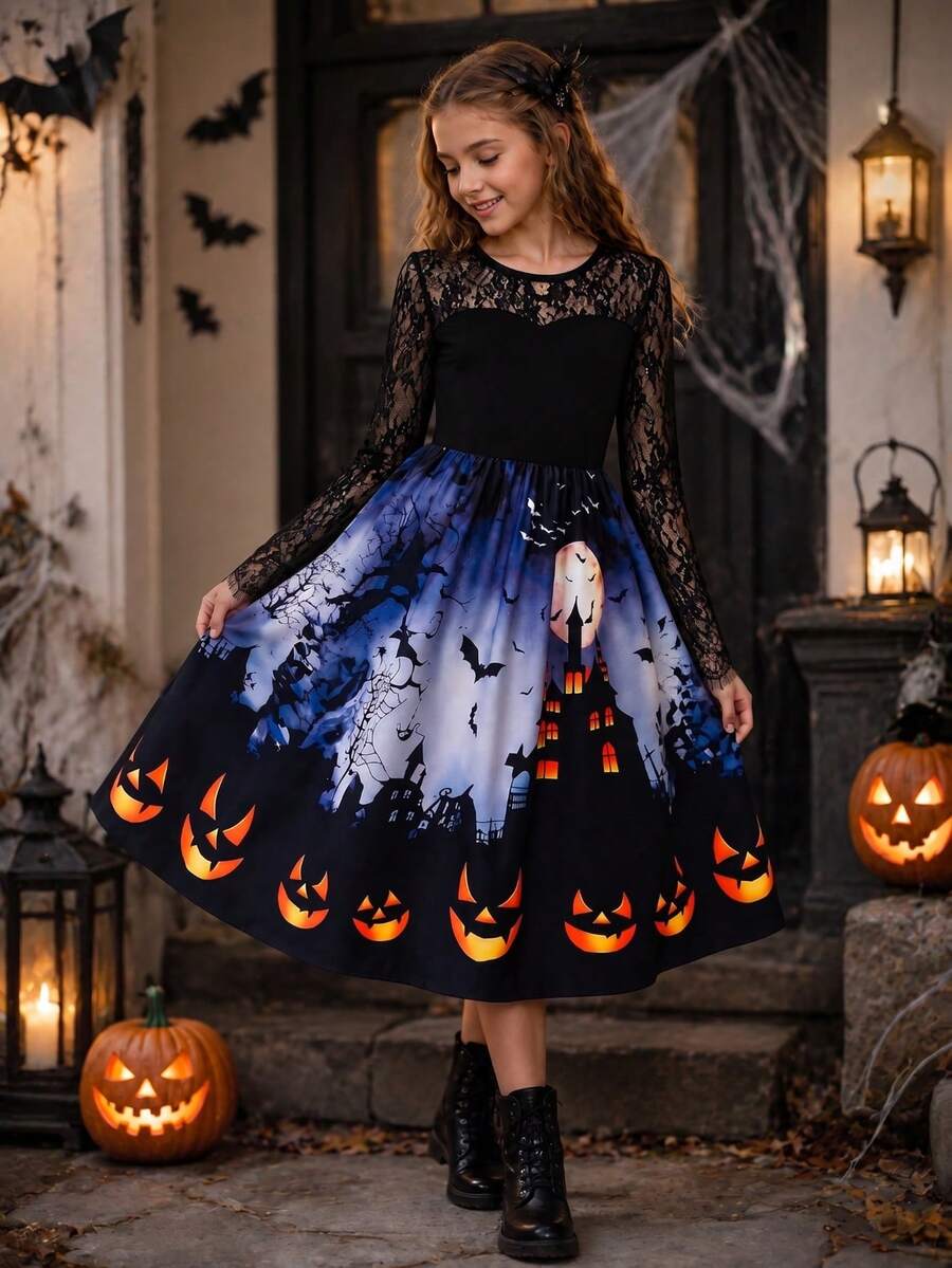 Gaun Halloween Anak Perempuan Motif Kelelawar dengan Patchwork Renda Lengan Panjang - MultiWarna - View 1
