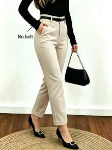 Women's Commuter Solid Color Casual High Waist Ankle Tapered Pants [No Belt] - Apricot - View 7