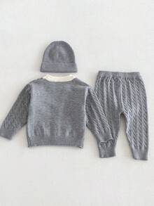 Set Pakaian Bayi Perempuan Gaya , Rajutan Kabel Abu-abu 3 Potong, Kardigan 2-in-1 Leher V, Celana Jogger, Topi Beanie, Pakaian untuk Jalan-jalan - Grey - View 3