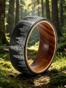 1pc 8mm-Wide Black Tungsten Steel Forest Mountain Ring Men's Wedding Band Exquisite Men's Accessory Jewelry Ornament For Daily Wear - Black - View 8