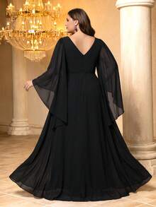 UNITHORSE V-Neck Dress With Embroidery And Extra Long Flared Sleeves, Black Chiffon - Black - View 3