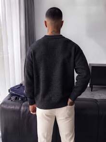 男士简约纯色休闲宽松长袖拉链针织开衫，秋冬 - 黑色 - 查看 2