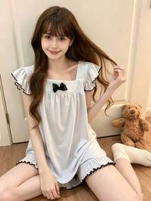 2pcs/Set Women's Pajamas Loungewear Set, Romantic Solid Color Pullover Frill Trim Sleeveless Top And Simple Solid Color Shorts, Easy Care Fabric - Baby Blue - View 1