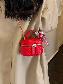 Handbag With Quilted Diamond Pattern And Scarf Accessory, Exquisite Storage With Zipper Closure, Suitable For Travel, Gatherings, Dates, Shopping, With Metal Chain For Multiple Carrying Ways, Elegant Box Handbag, Fashionable Small Bag For Various Outfit Styles - Red - View 5