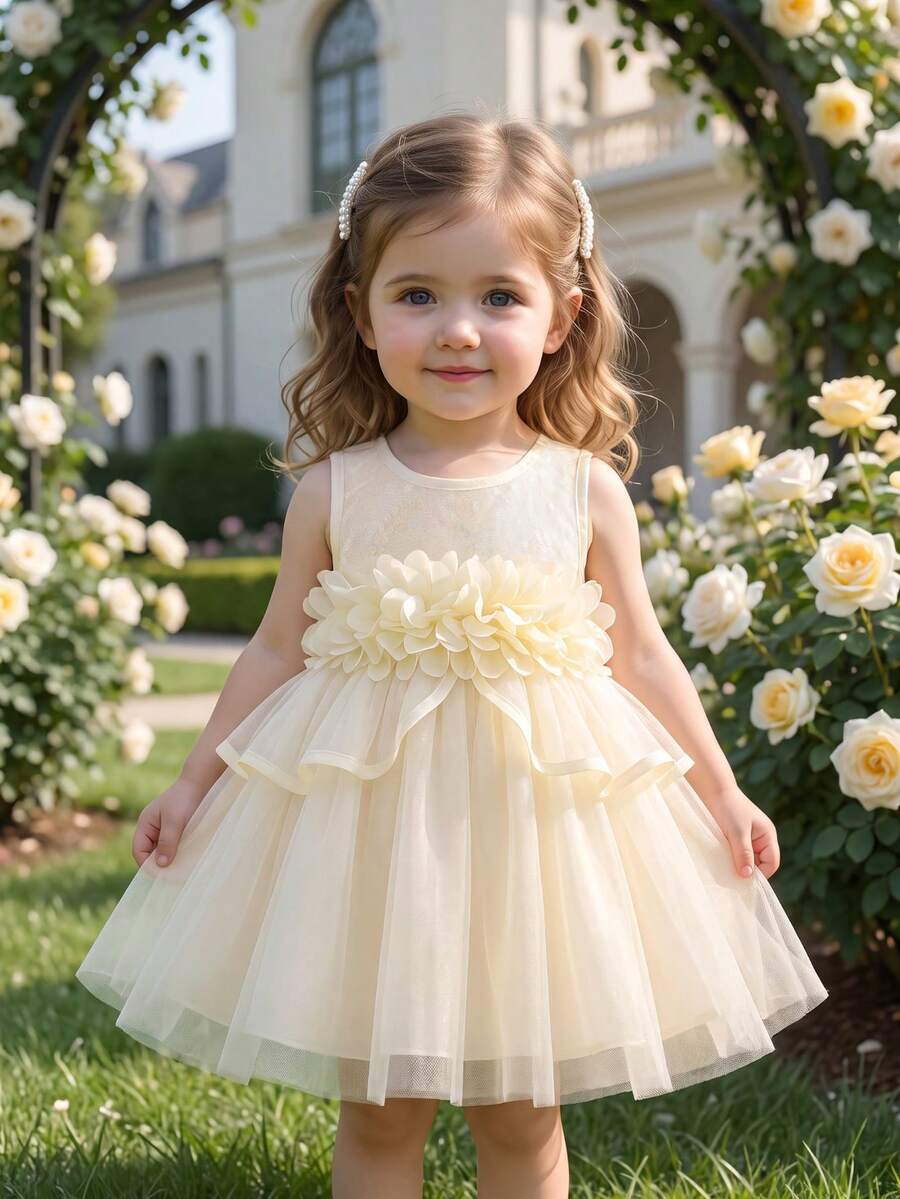 女嬰可愛優雅圓領無袖A字網紗公主洋裝,附3D花朵貼花,適合1歲生日、百日慶祝、生日派對、拍照、休閒出遊,春夏款 - 杏色 - 查看 1