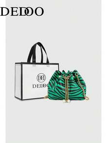 Dedoo 女款極簡鏈條斑馬紋斜挎包（附贈禮品袋） - 綠色 - 查看 2