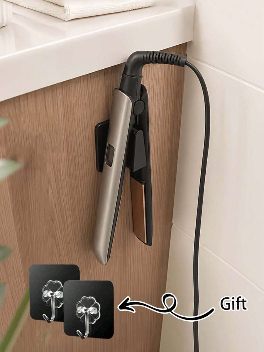 2pcs No-Drill Strong Adhesive Wall‑Mounted Hair Tool Storage Hook, Curling Iron & Hair Straightener Holder, Multipurpose Rack For Bathroom Vanity Cabinet, Universal For Bathroom Vanity, Cabinet, Kitchen - Multicolor - View 1