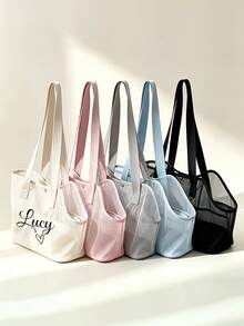 Custom Fashion Personalized Embroidered Name Pet Bag, Suitable For Small Dogs And Cats, Lace Pet Carrier Bag, Multi-Color Embroidered Letters, Handheld And Shoulder Dual-Use Travel Bag, Portable And Travel Bag, Perfect Pet Gift - Multicolor - View 2