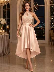 MIUSOL Halter Neck Sequin Floral Lace Patchwork Satin High-Low Hem Evening Gown, Formal Evening Dress, Ball Gown - Champagne - View 1