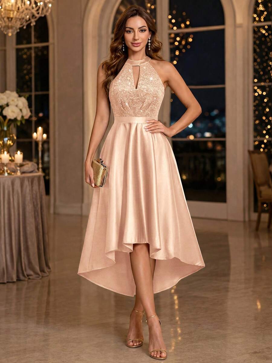 MIUSOL Halter Neck Sequin Floral Lace Patchwork Satin High-Low Hem Evening Gown, Formal Evening Dress, Ball Gown - Champagne - View 1