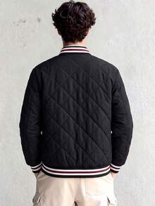 Teen Boys Diamond Quilted Thickened Baseball Jacket, Striped Ribbed Collar Zip-Up Casual Jacket - Black - View 5