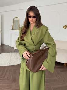 Women's Elegant Olive Green Lapel Button Blazer & Pants 2 Pieces Set, Casual Autumn Outfit - Green - View 8