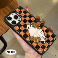1 buah Casing Ponsel Minimalis Motif Hantu Putih Lucu dengan Latar Belakang Kotak-kotak Kontras Hitam & Oranye, Kompatibel dengan Seri Apple, Casing Ponsel Apple 16 Pro Max, 11/12/13/14 Plus/XR/7/8 Plus/15 Pro Max, dan Kompatibel dengan Seri [Versi Internasional, Bukan Versi Lokal] - Hitam - View 2