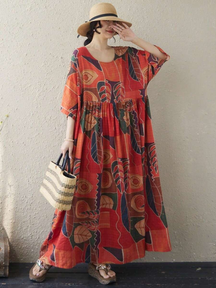 AZAH 大尺碼波希米亞風女款夏季長洋裝,寬鬆A字版型蝙蝠袖附口袋,復古碎花設計 - 紅色 - 查看 1