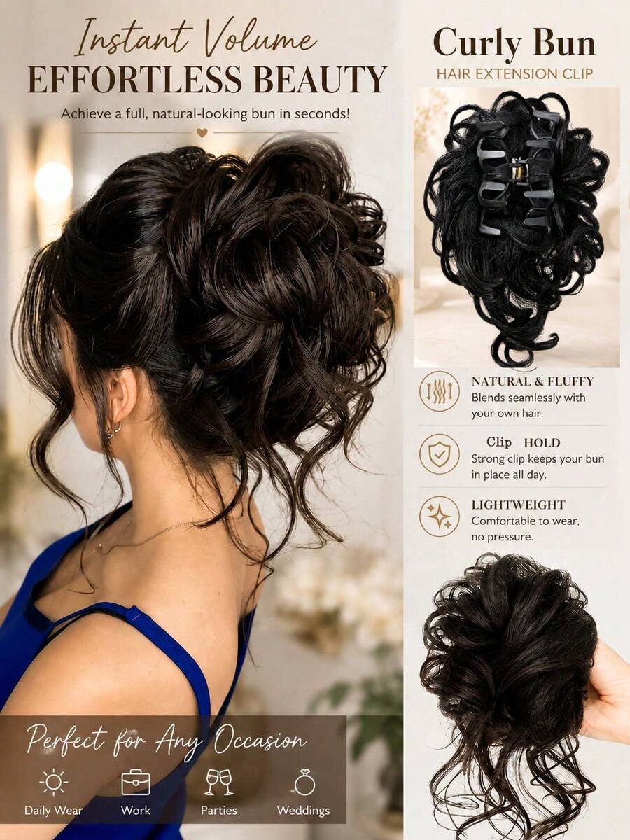1pc Natural Fluffy Messy Bun Hair Extension With Long Curly Strands, Synthetic Claw Clip Bun Hairpiece, Voluminous Updo Hair Accessory For Women