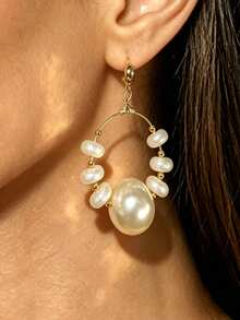 2pcs Bohemian Faux Pearl Beaded Metal Resin Large Hoop Earrings Studs For Women Party Daily Vacation Matching - White - View 4