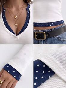 Women's Early Autumn Fashion American Retro Colorblock Polka Dot V-Neck Slim Fit Cropped Waist Knit Long Sleeve Base Layer - White - View 6