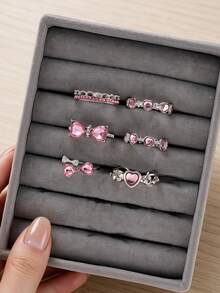6件組時尚極簡優雅浪漫蝴蝶結與愛心女款戒指套組，適合節日派對約會生日禮物，個性化（無盒） - 銀色 - 查看 2