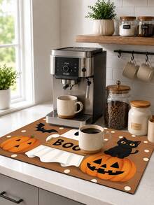 1pc Black Cat Pumpkin Ghost Bat Print Home Kitchen Decor Dish Drying Mat, Coffee Mat, Fun Halloween Cartoon Style, Soft Stain-Resistant, Easy To Clean, Halloween Gift, Suitable For Halloween Party, Halloween Home Decor, Kitchen Accessories - Multicolor - View 3