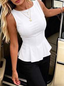 1pc Solid Color Knitted Ruffle Hem Casual Top, Summer White - White - View 5